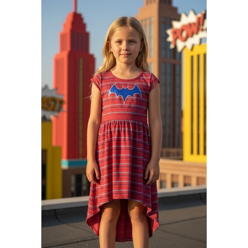 DC Super Hero Girls Batgirl Dress M Pink Stripe Hi-Low Glitter Logo cosplay